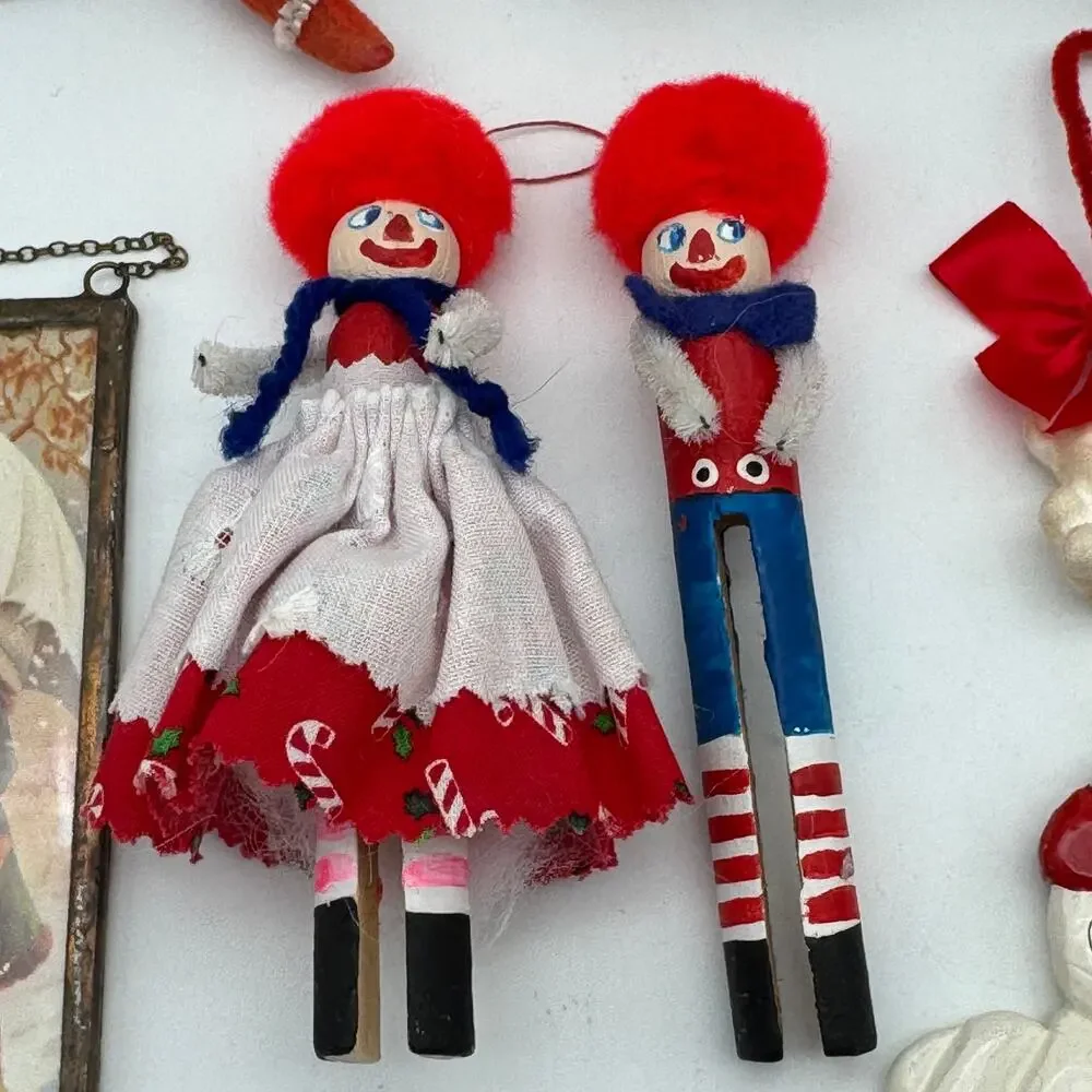 Vintage Christmas Ornaments Santa Skiing Snowman Victorian Girls Pipe Cleaner